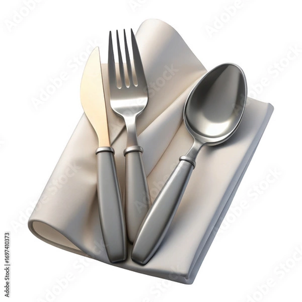 Fototapeta A set of elegant silverware, including a knife, fork, and spoon, artfully arranged on a folded lightcolored napkin, suggesting a formal dining setting isolated on transparent background