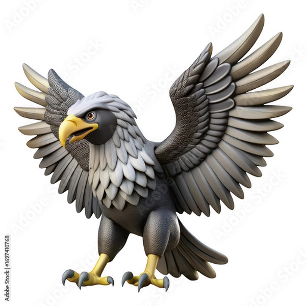 Fototapeta A stylized cartoon eagle with its wings spread wide, standing on its talons, isolated on a transparent background