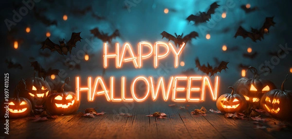 Fototapeta Spooky happy halloween text with glowing pumpkins and bats flying in a dark atmosphere