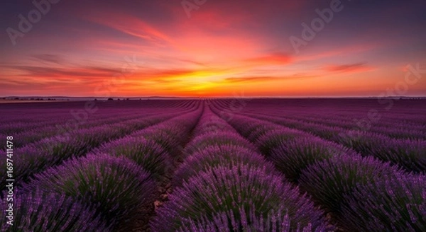 Fototapeta Breathtaking Sunset Colors Painting the Sky Above Expansive Lavender Fields in Bloom.