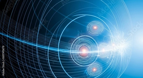 Fototapeta Dynamic Blue Abstract Energy Waves with Glowing Orbs and Light