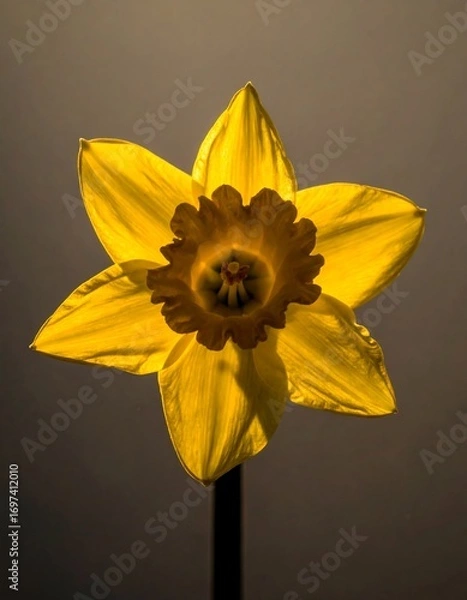 Fototapeta Close-up of a bright yellow daffodil, star-shaped petals,  against a muted background