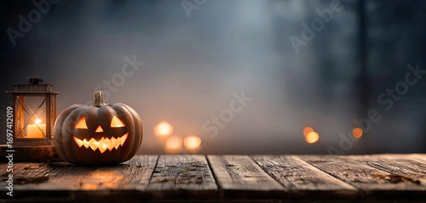 Fototapeta Spooky jack o lantern with flickering candlelight on rustic wooden table for halloween celebration