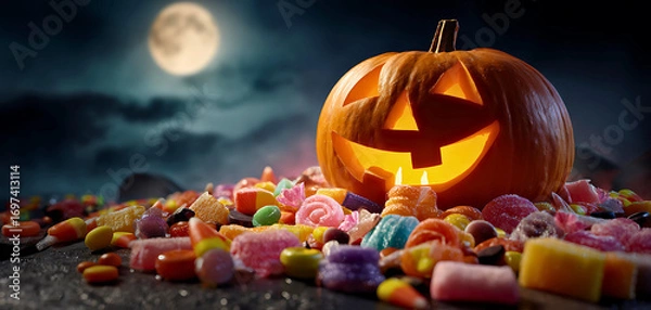 Fototapeta Spooky halloween jack o lantern with glowing face surrounded by candy under a full moon
