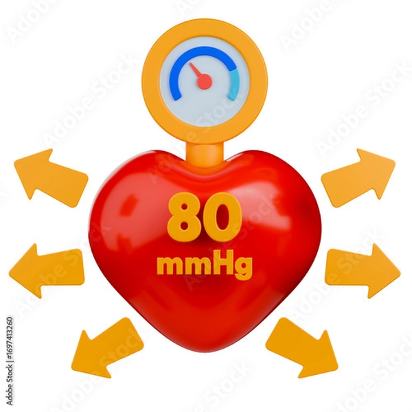 Fototapeta 3d icon of diastolic blood pressure showing 80 mmHg text on relaxed heart and yellow arrows.	