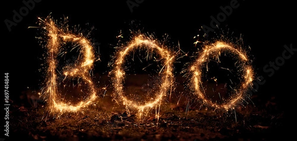 Fototapeta Fiery 'boo' text with glowing embers and sparks against a dark backdrop