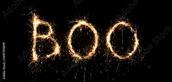 Fototapeta Sparkler letters spell boo with glowing orange and yellow light trails on a
