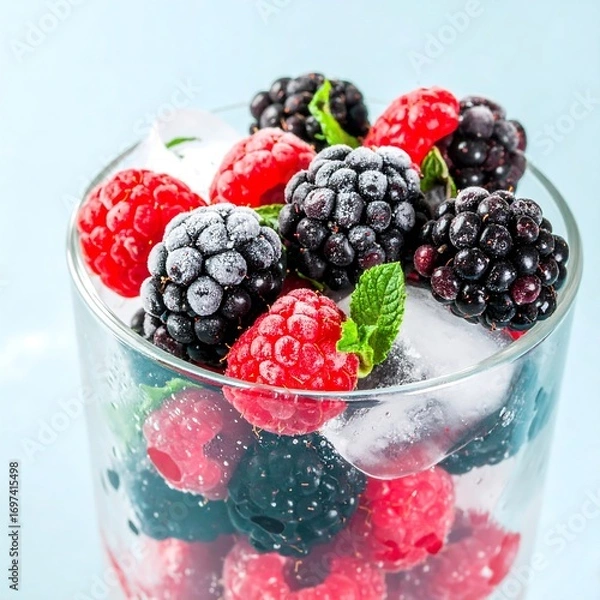 Fototapeta Frozen raspberries and blackberries in a glass, with ice