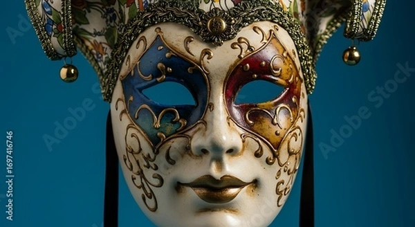 Fototapeta Ornate venetian mask on teal background decorative art and craftsmanship