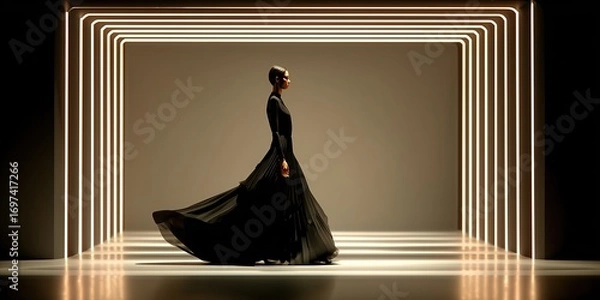 Fototapeta A picture of a model wearing a black evening gown walking on a show stage