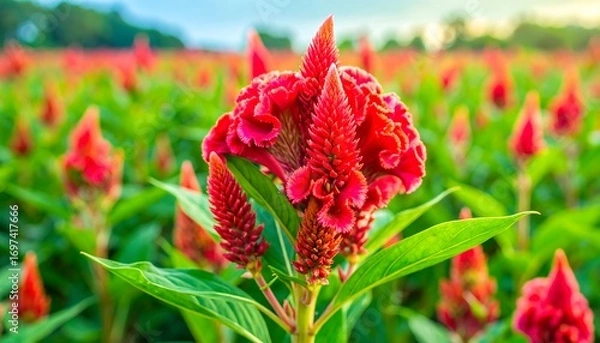 Fototapeta Vibrant red cockscomb flower cluster in a field