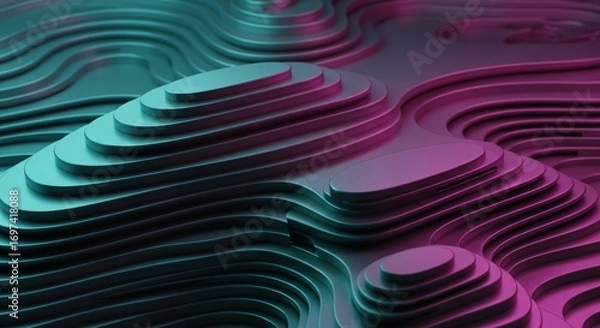 Fototapeta Abstract 3D Topographic Map in Vibrant Teal and Magenta Gradients