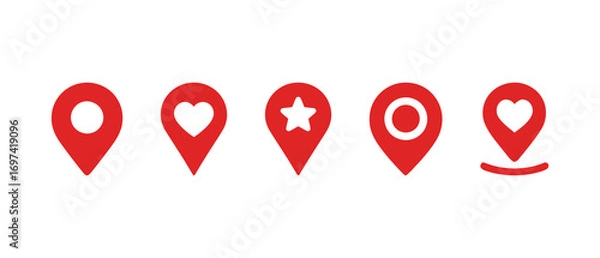 Fototapeta Set of red location pin icons, with different symbols like a heart and a star, for maps and GPS navigation