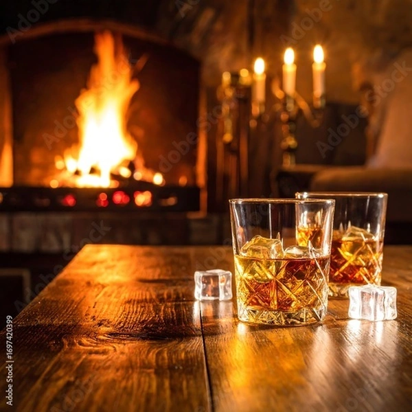 Fototapeta Two whiskey glasses with ice cubes on a wooden table in front of a warm fireplace