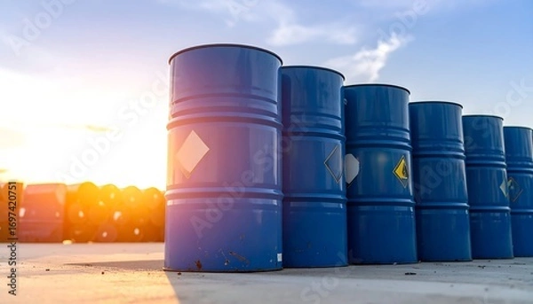Fototapeta Blue barrels on a concrete floor at sunset
