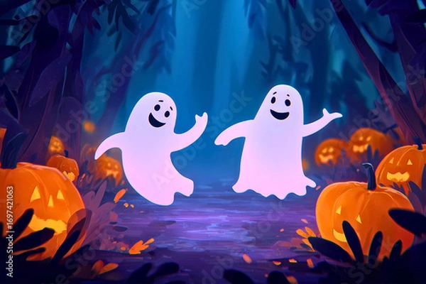 Fototapeta Spooky halloween night with dancing ghosts and jack-o-lanterns in enchanted forest