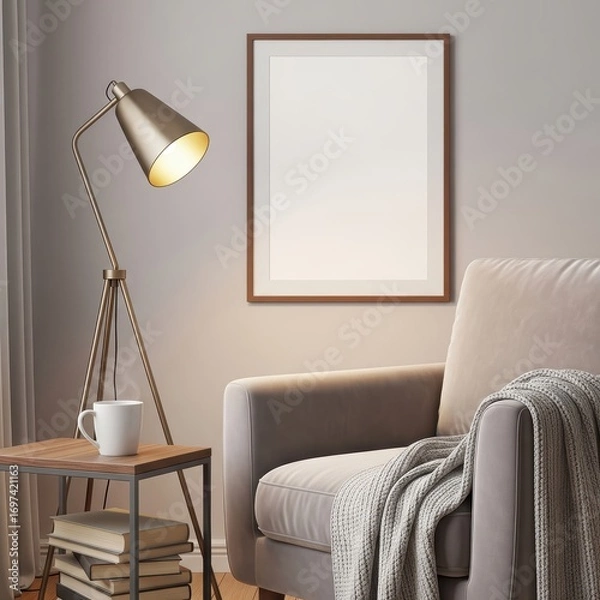Obraz Mockup poster frame in a minimalist reading nook with light gray armchair, textured blanket, wooden side table, white ceramic mug, and warm tripod floor lamp