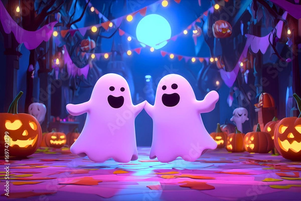 Fototapeta Two happy cartoon ghosts holding hands at a festive halloween party with pumpkins and colorful lights