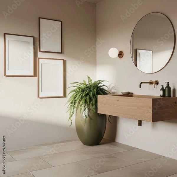 Obraz Three mockup poster frames in a serene modern minimalist bathroom with wooden vanity, brass fixtures, round mirror, and green fern