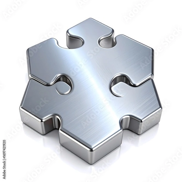 Fototapeta 3D metallic puzzle piece, silver, chrome, interlocking