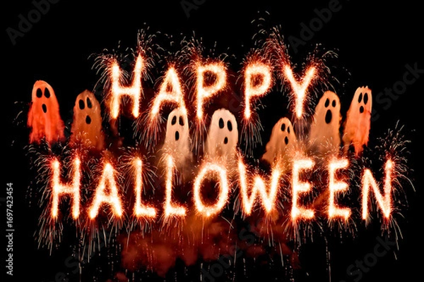 Fototapeta Spooky happy halloween message with glowing ghosts and fiery text on a dark night