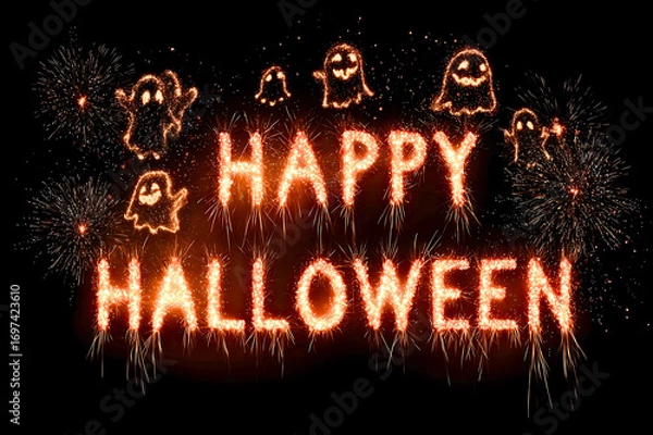 Fototapeta Fiery happy halloween text with spooky ghosts and jack-o'-lanterns illustration