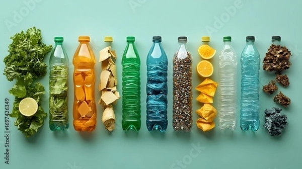 Fototapeta Vibrant still life featuring assorted recyclables: produce, plastics, paper, and organic matter. Ideal for environmental awareness campaigns and recycling initiatives. Recycle waste background.