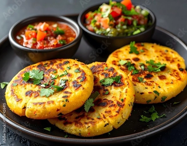 Fototapeta Crispy golden cornmeal cakes with fresh cilantro served with vibrant vegetable salsas in black bowls on a dark surface for a flavorful vegetarian snack or appetizer