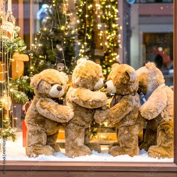 Fototapeta Festive teddy bears in a shop window display