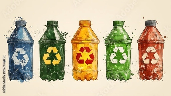 Fototapeta Vibrant plastic bottles with recycling symbols, rendered in a painterly style, promote sustainability. Ideal for eco-conscious campaigns and waste management visuals. Recycle waste background.