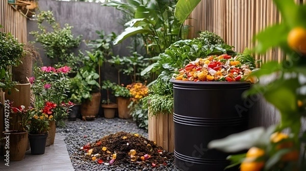 Fototapeta A lush garden showcases a black compost bin overflowing with colorful kitchen scraps ready for recycling. Isolated against a green backdrop, symbolizing sustainable living and waste reduction.