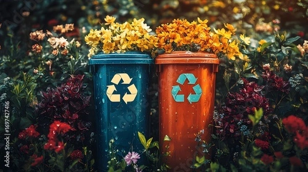 Fototapeta Recycling bins overflow with vibrant flowers, merging environmental responsibility with natural beauty. A colorful display promoting eco-consciousness and sustainability. Recycle waste background.