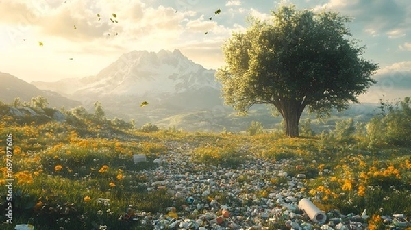Fototapeta Picturesque meadow filled with colorful wildflowers and lush greenery, unfortunately marred by scattered waste, highlighting pollution on an isolated in white background, waste recycle theme.