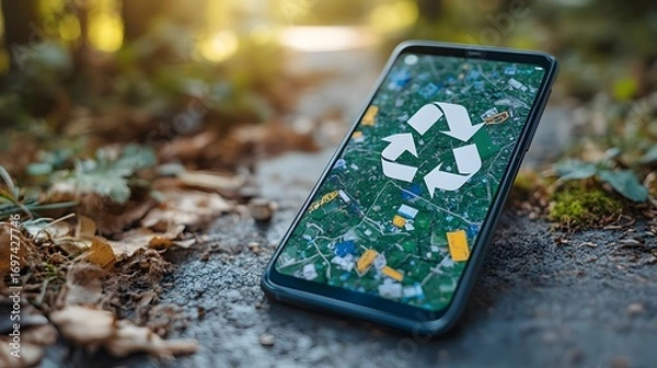 Fototapeta Smartphone displays a littered scene with a recycling symbol, set against a blurred, natural backdrop. Promote environmental awareness and responsible waste disposal. Recycle waste background.