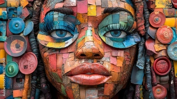 Fototapeta Abstract woman's face mosaic artwork crafted from colorful recycled materials. Striking blue eyes and vibrant colors create a unique textured portrait. Recycle waste background.