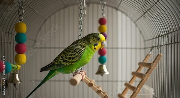 Fototapeta Parrot in cage with toys