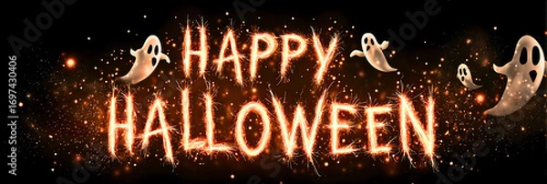 Fototapeta Happy halloween greeting with glowing spooky text and friendly ghosts for festive celebrations