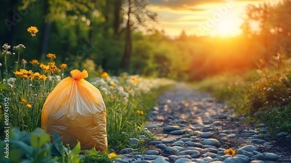 Fototapeta An eye-level shot shows a yellow trash bag sits next to a rocky path, evoking environmental consciousness and waste management with an aesthetic appeal; isolated in a white background.