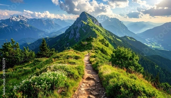 Fototapeta A scenic mountain path winds through lush greenery, showcasing a breathtaking vista of towering peaks and valleys beneath a vibrant sky.