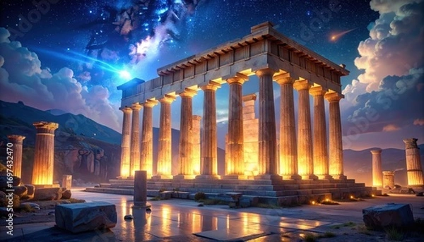 Fototapeta A magnificent ancient temple bathed in warm evening light, with celestial cosmic streaks above, evokes a sense of timeless wonder.