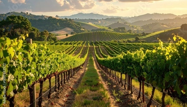 Fototapeta Expansive vineyard rows stretch across a sun-drenched hillside, showcasing the vibrant green foliage and the rolling terrain below.