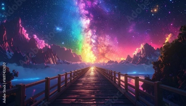 Fototapeta A vibrant, fantastical wooden bridge extends into a breathtaking landscape of colorful mountains, a luminous rainbow, and a starry night sky.