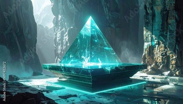 Fototapeta A luminous teal pyramid structure stands imposingly within a misty, rocky canyon.