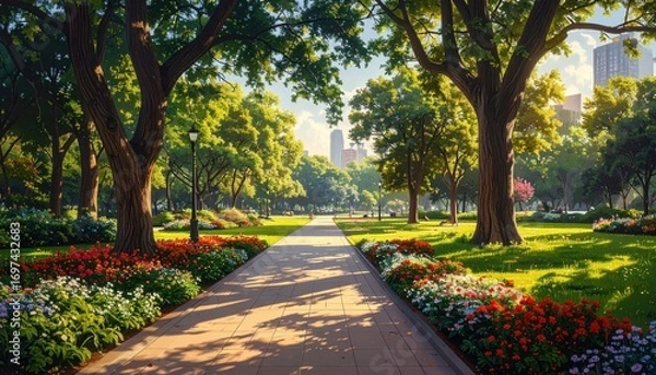 Fototapeta A sun-drenched park path winds through vibrant blooms and lush greenery, bathed in morning light, towards a cityscape skyline.