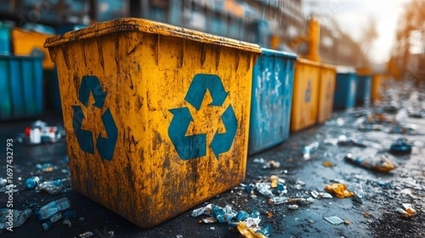 Fototapeta Worn yellow recycling bin with blue symbols, standing out in an urban industrial setting. Debris scattered around, highlighting waste management challenges. Recycle waste background.