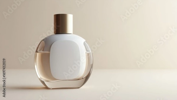 Fototapeta A round, clear glass perfume bottle with a gold cap sits on a neutral backdrop, showcasing its elegant design and subtle hues.