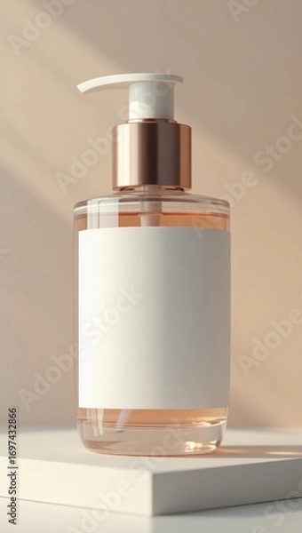 Fototapeta A clear glass bottle with a rose gold pump dispenser and a blank white label sits atop a simple white platform, displaying a soft peachy background.