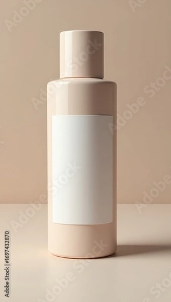 Fototapeta A light beige, cylindrical bottle with a blank white label, set against a muted beige background, presents a simple and elegant design for product mockup.
