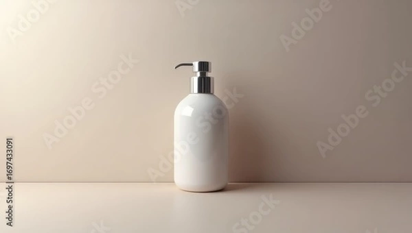 Fototapeta A simple, minimalist presentation of a white ceramic pump dispenser bottle, set against a neutral beige backdrop.