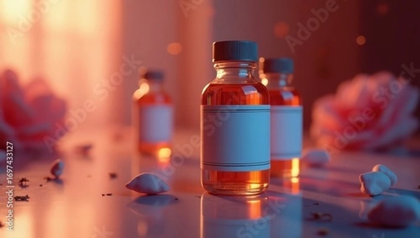 Fototapeta Amber-hued glass bottles, illuminated by soft, warm light, sit on a reflective surface, amidst scattered rose petals and decorative elements.